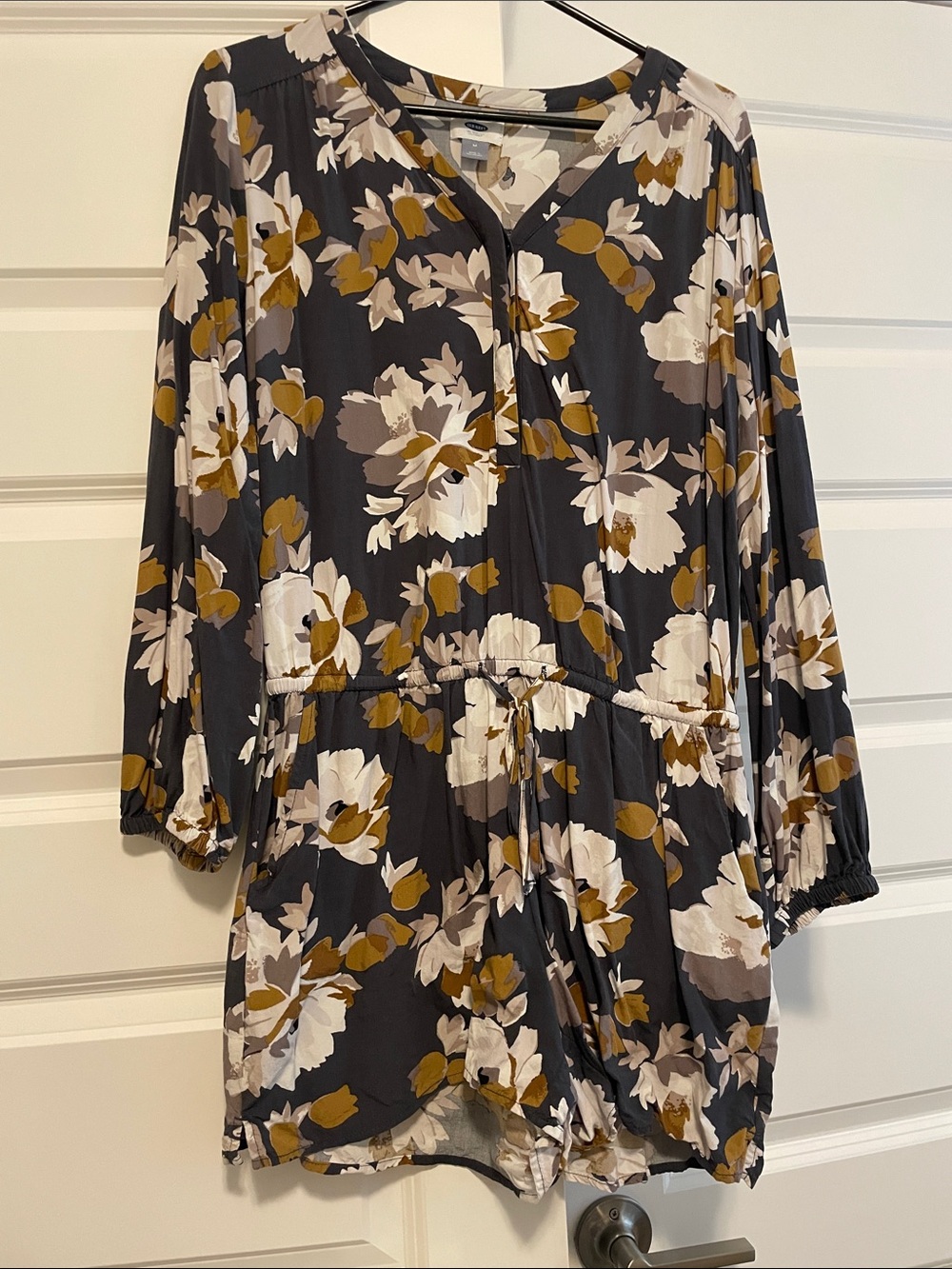 Old Navy Dark Grey Floral Long-Sleeve Tie-Waist Romper Dress